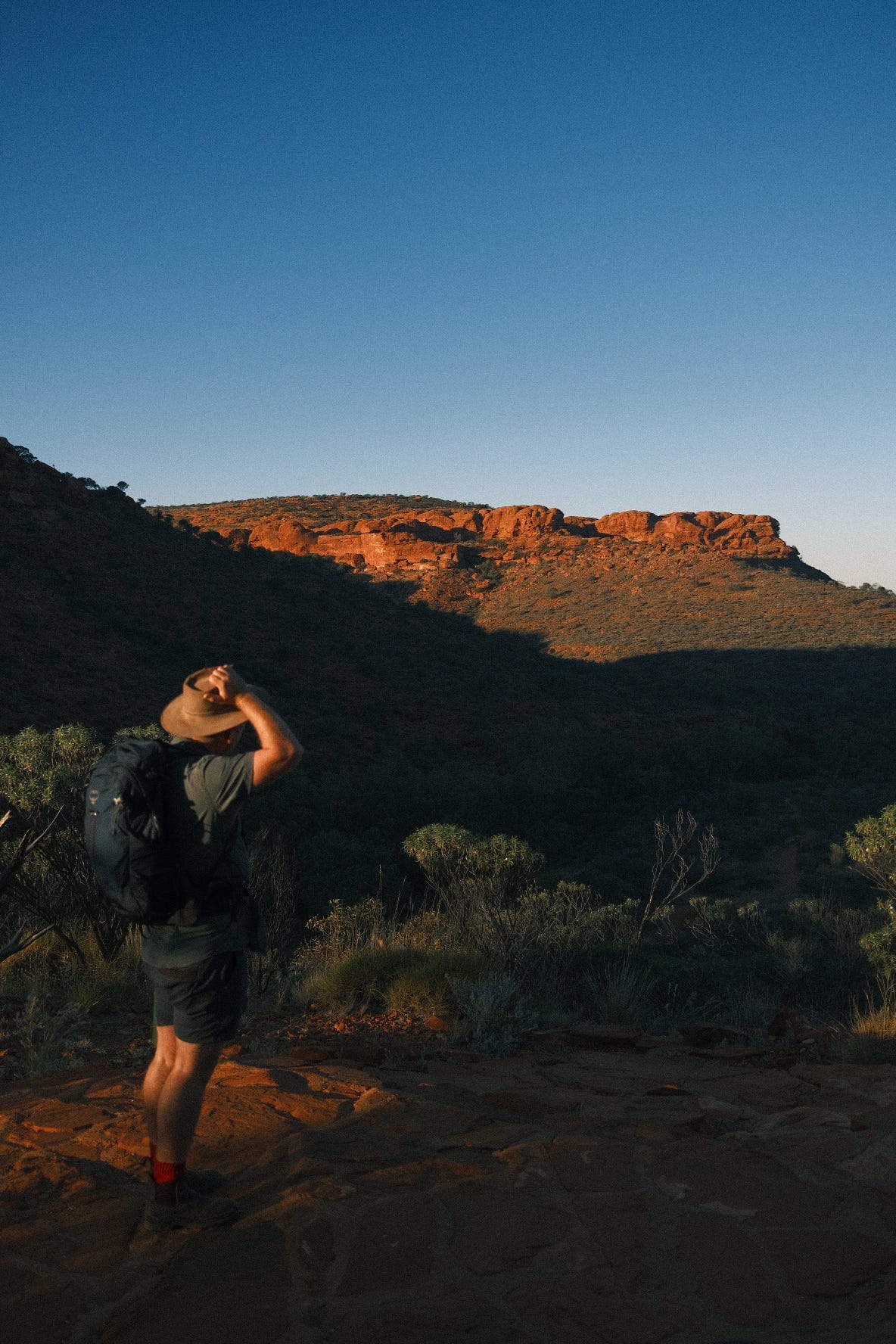 Tour guide looking out over the landscape at Kings Canyon in the Australian outback.