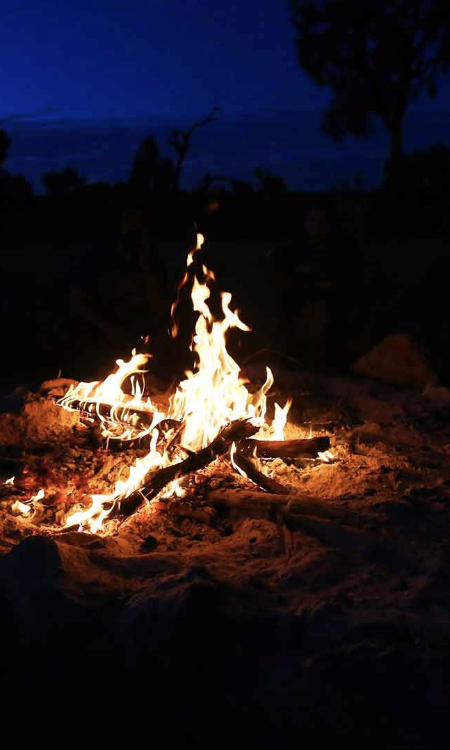 A cozy campfire illuminates the night in the Australian outback, offering warmth and a place to gather under the stars during a Mulgas Adventures tour.