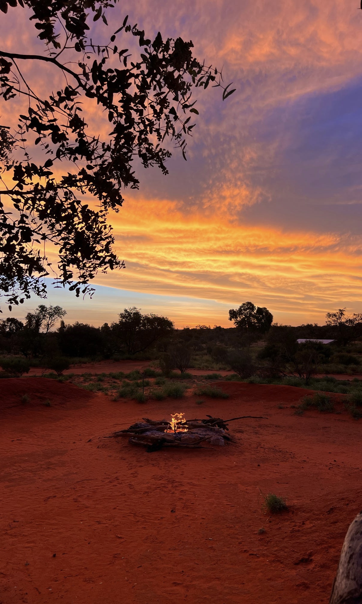 A tranquil campfire at sunset in the Australian outback, capturing the serene and picturesque moments of a Mulgas Adventures tour.